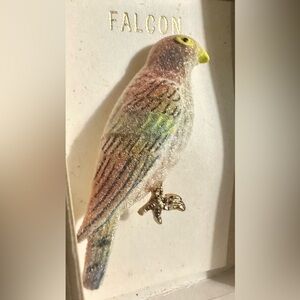 Vintage Brooch Scatter Pin Mica Flocked FALCON Bird of Prey Pastel colors NOC
